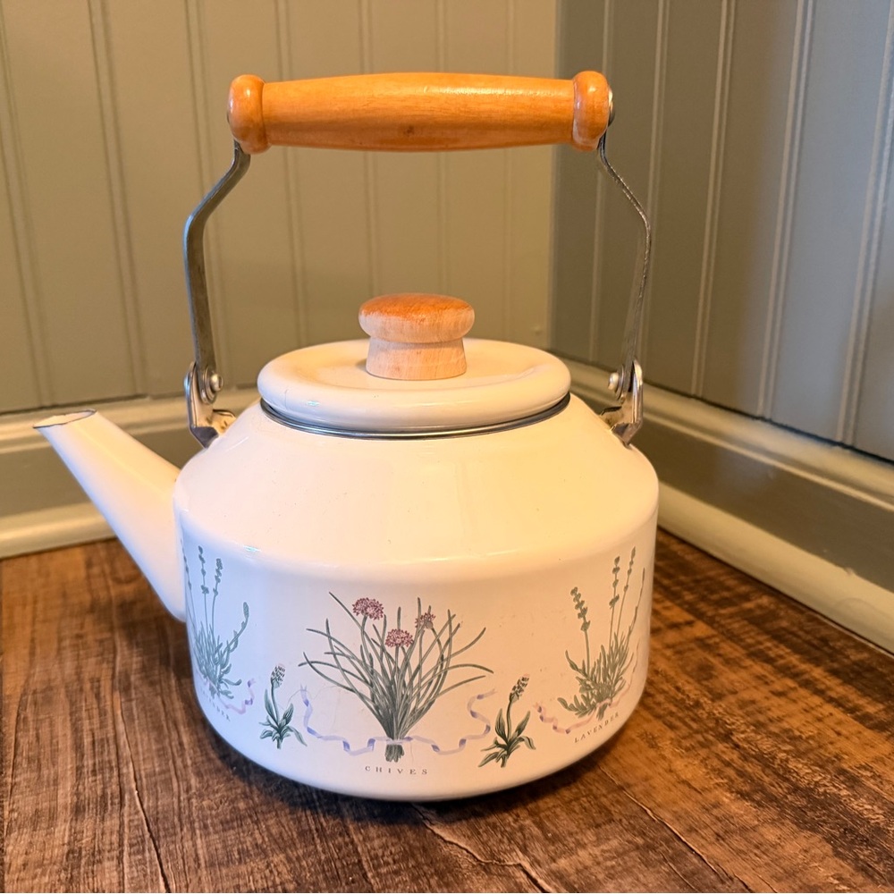 Vintage Woodbine Meadows Enameled Teapot Wooden Handle 1970s Chives Lavender